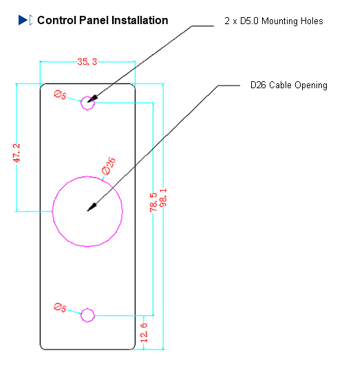 Fume hood sash controller panel mounting holes and cable opening