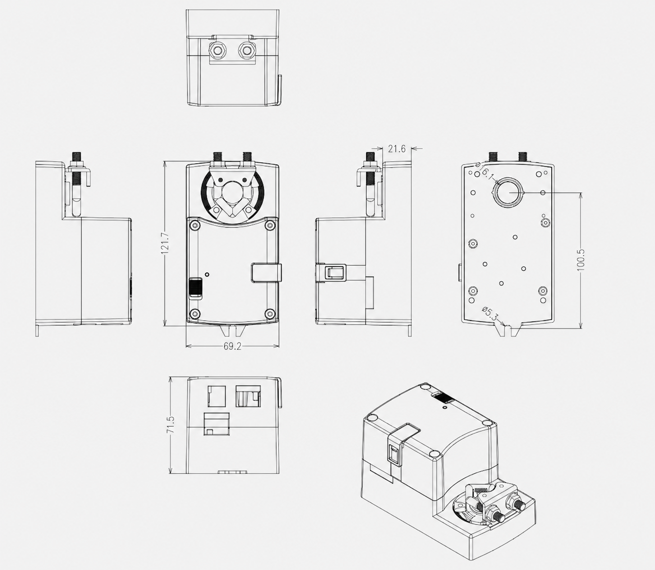 Communicating air damper actuator dimensions and direct-coupled mounting views