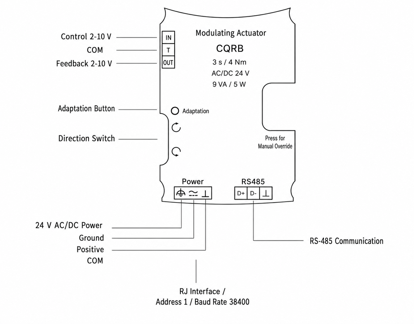 Communicating air damper actuator 24 V analog and RS-485 wiring diagram