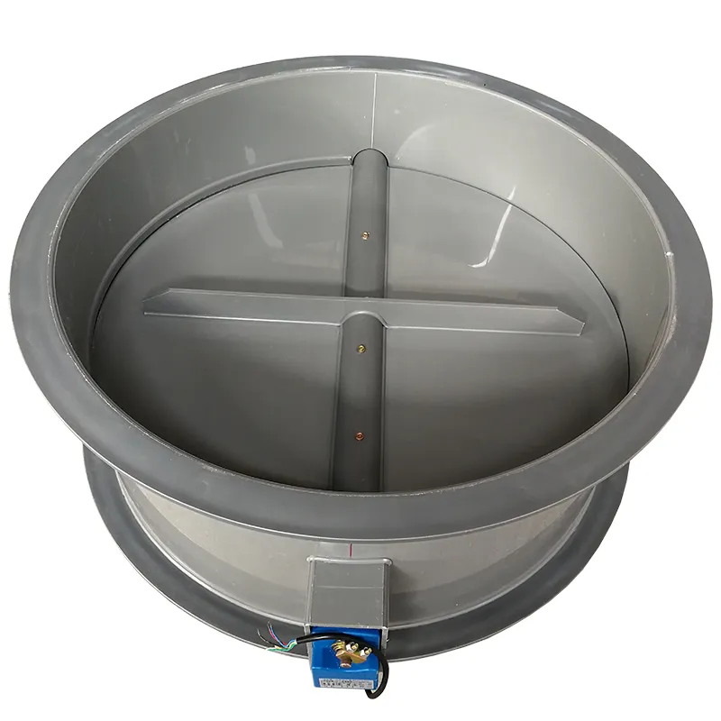 Large diameter fabricated plastic motorized duct damper with internal blade and electric actuator