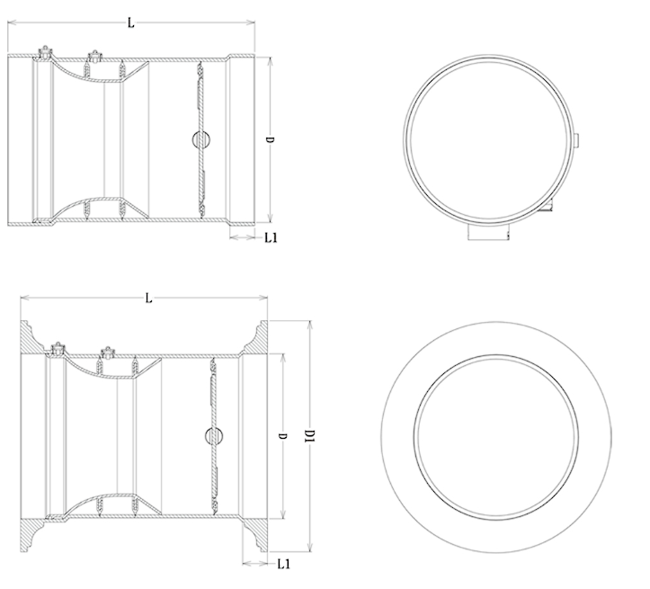 Round duct airflow control damper flange and socket dimension drawing
