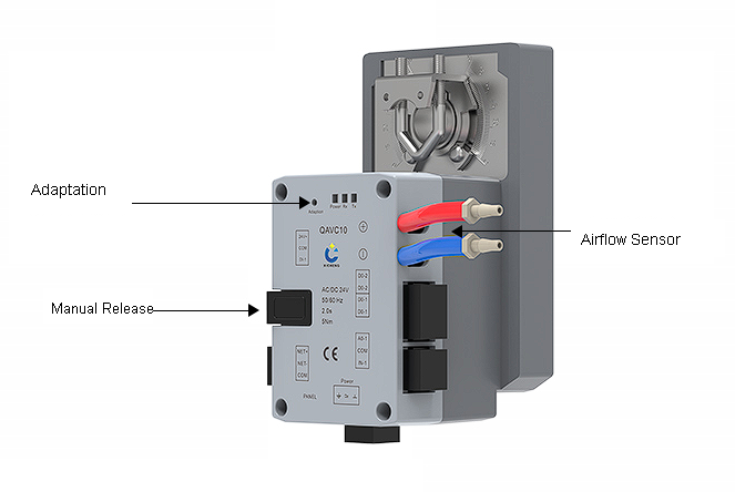 Duct airflow controller adaptation button manual release and airflow sensor