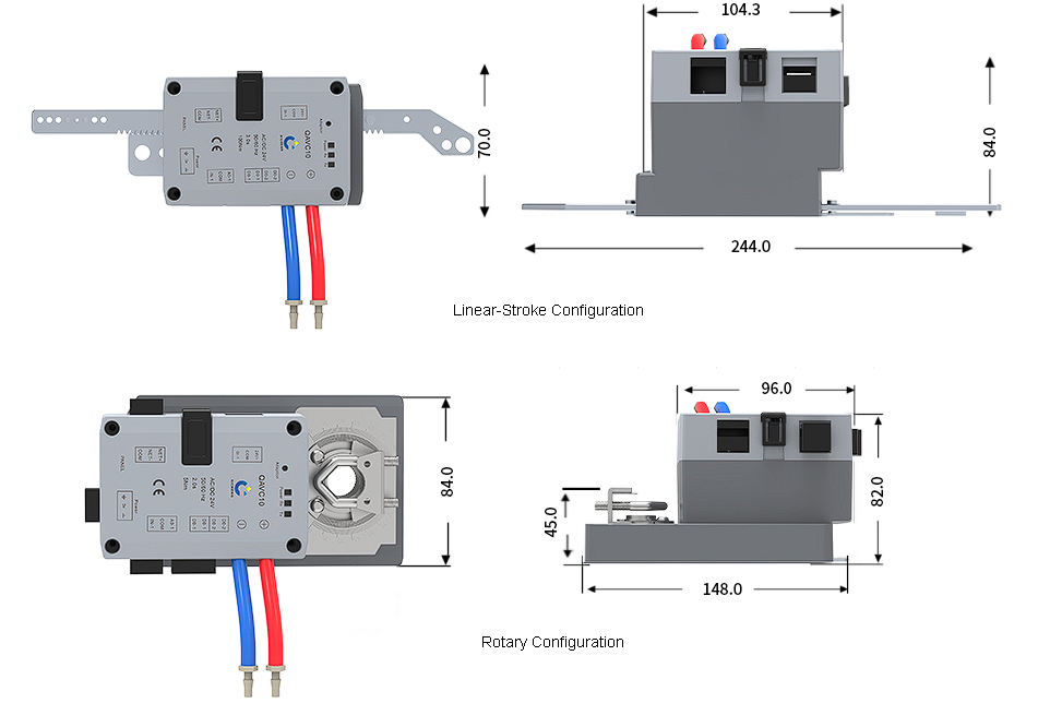 Duct airflow controller rotary and linear actuator dimensions