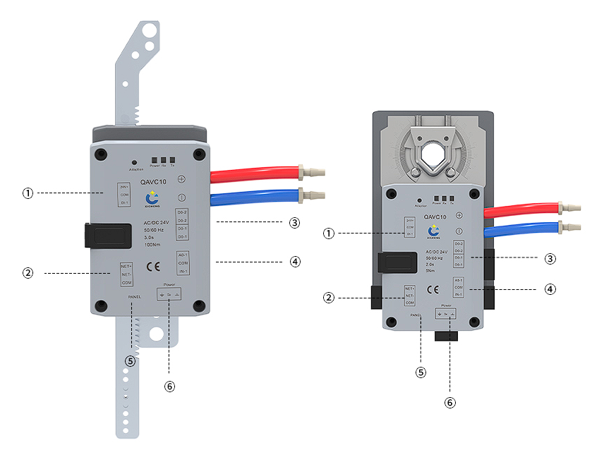 Duct airflow controller analog Modbus panel and power wiring interfaces
