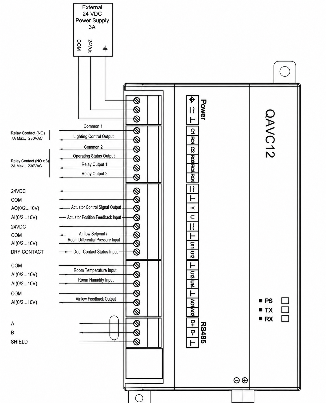 Duct airflow and pressure controller external actuator and sensor wiring interfaces