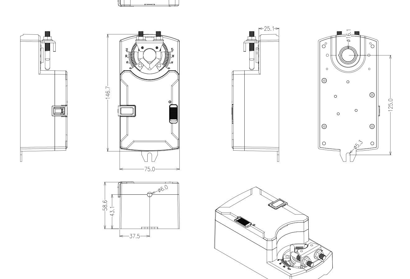 Fast acting air damper actuator dimensions and direct-coupled shaft interface
