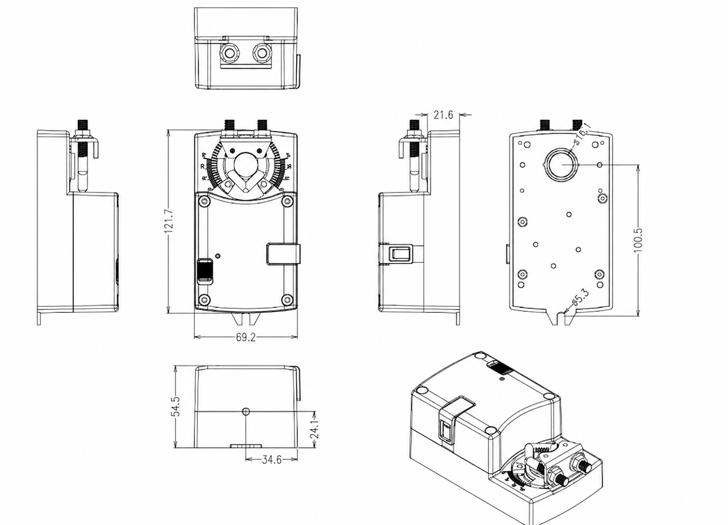 Fast modulating air damper actuator dimensions and direct-coupled shaft mounting views