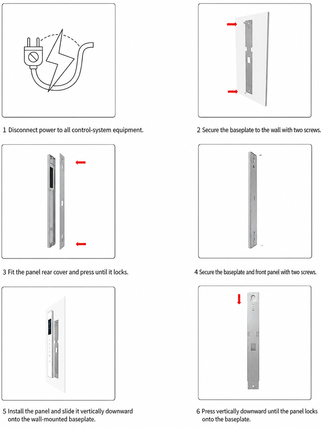 Six step installation sequence for FHM-L1 fume hood touch control panel