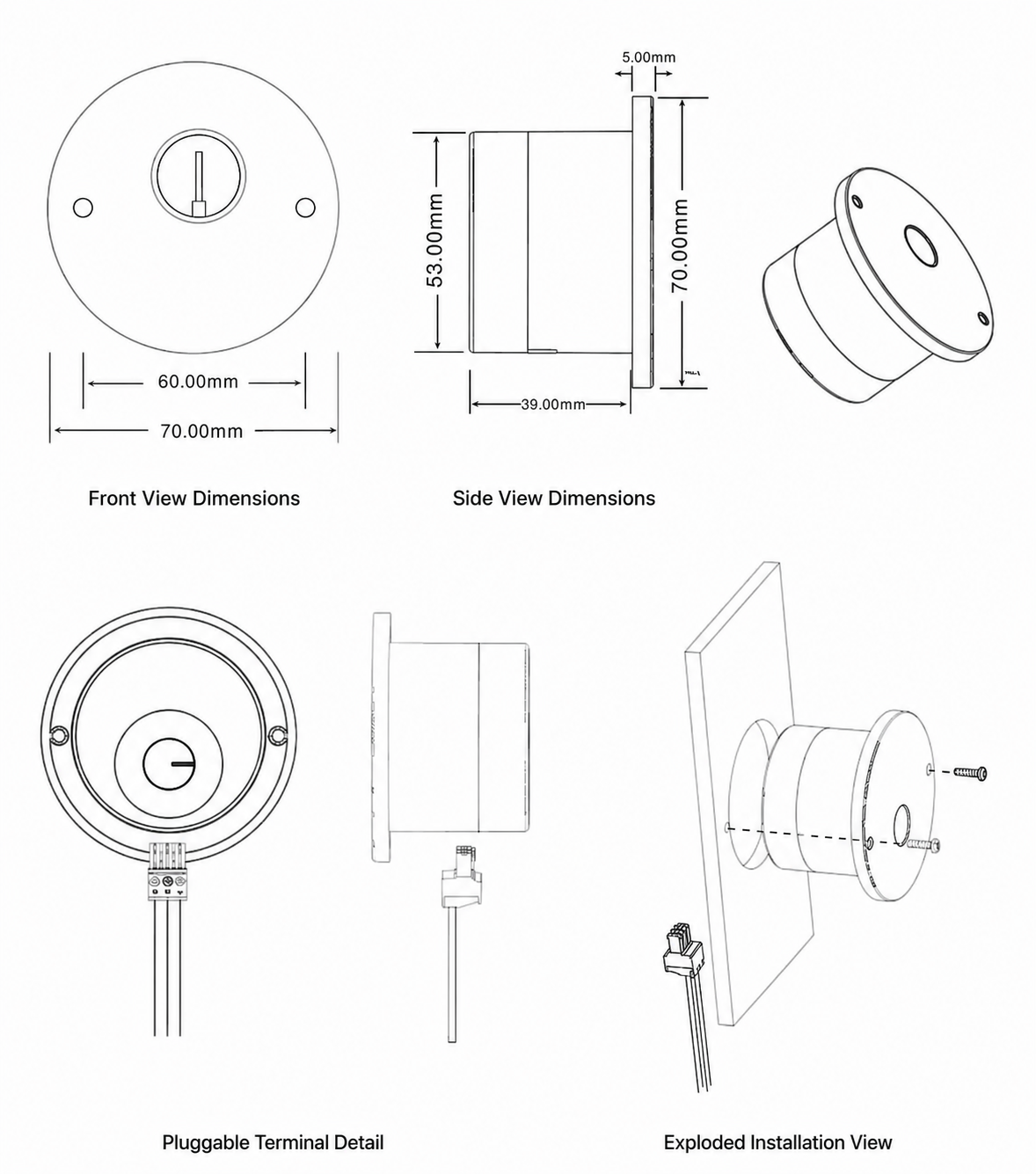 Air velocity sensor dimensions with 70 mm flange and 39 mm body depth