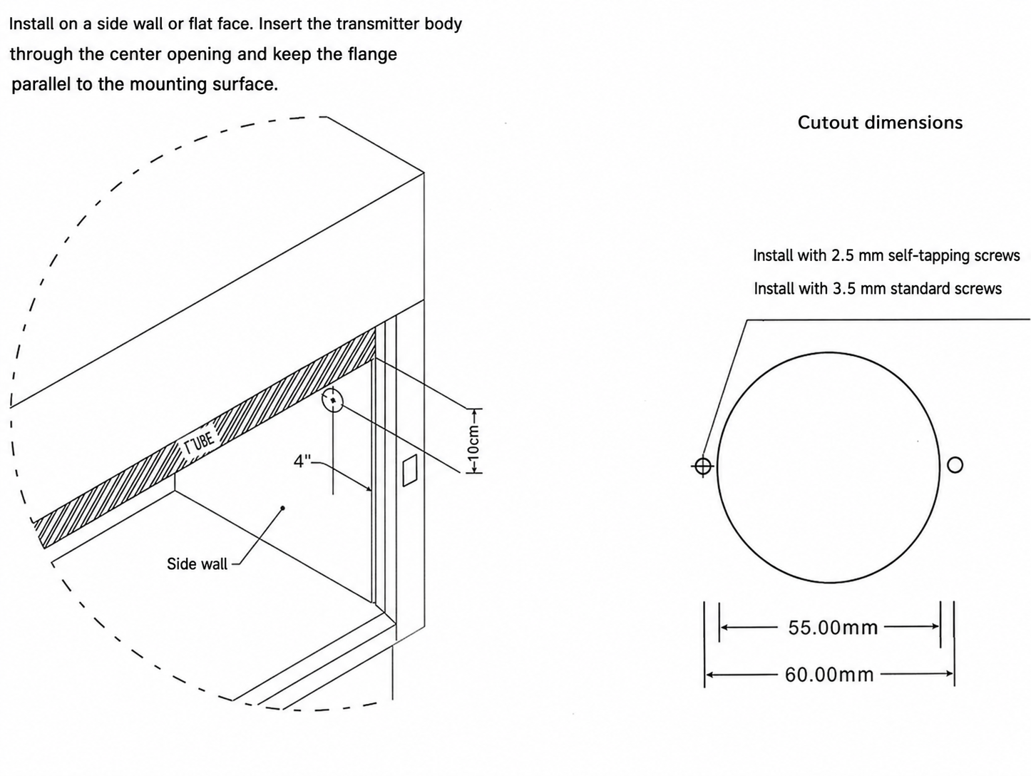 Air velocity sensor sidewall installation opening and screw reference