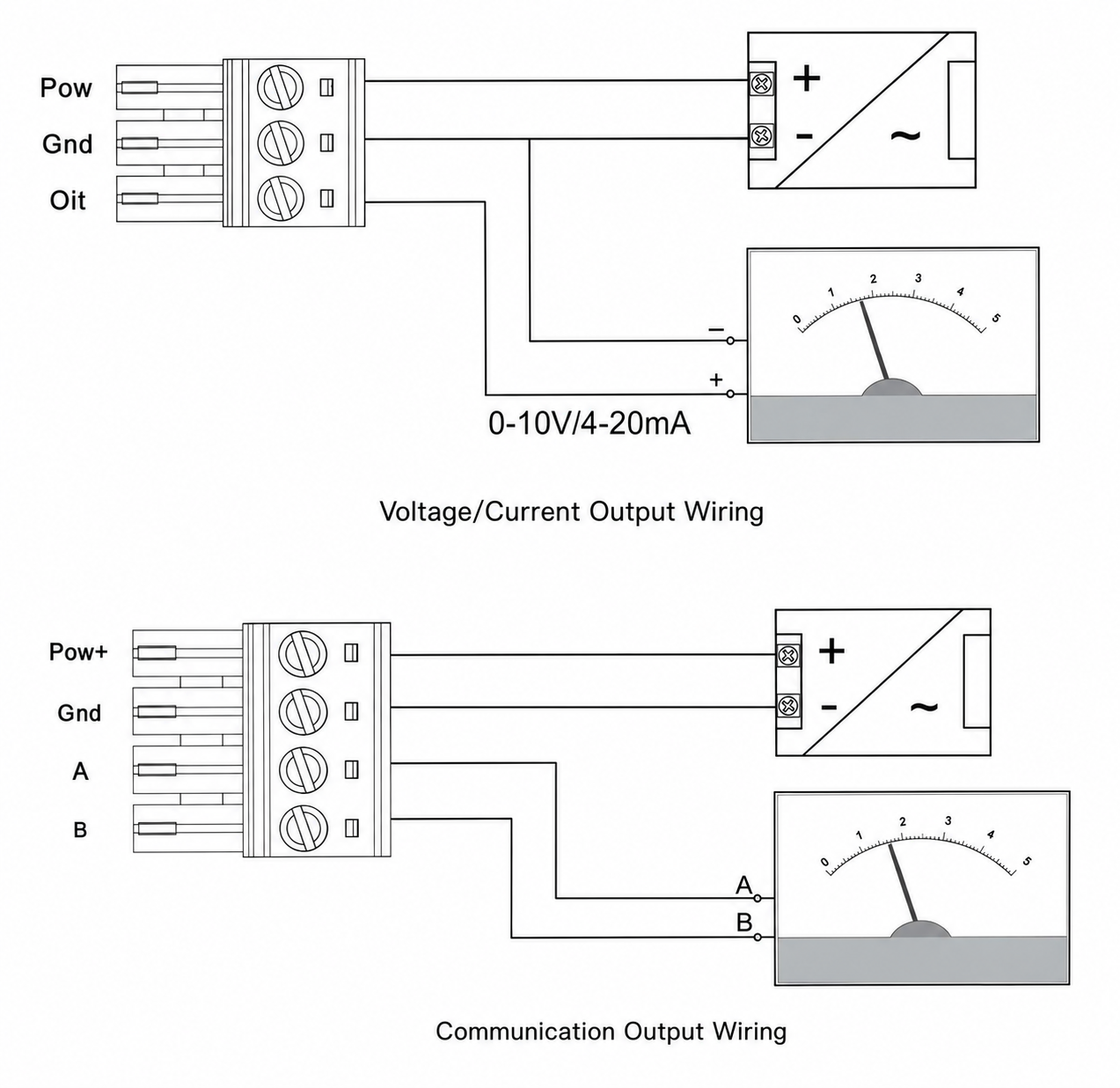 Air velocity sensor analog output and A B communication wiring reference