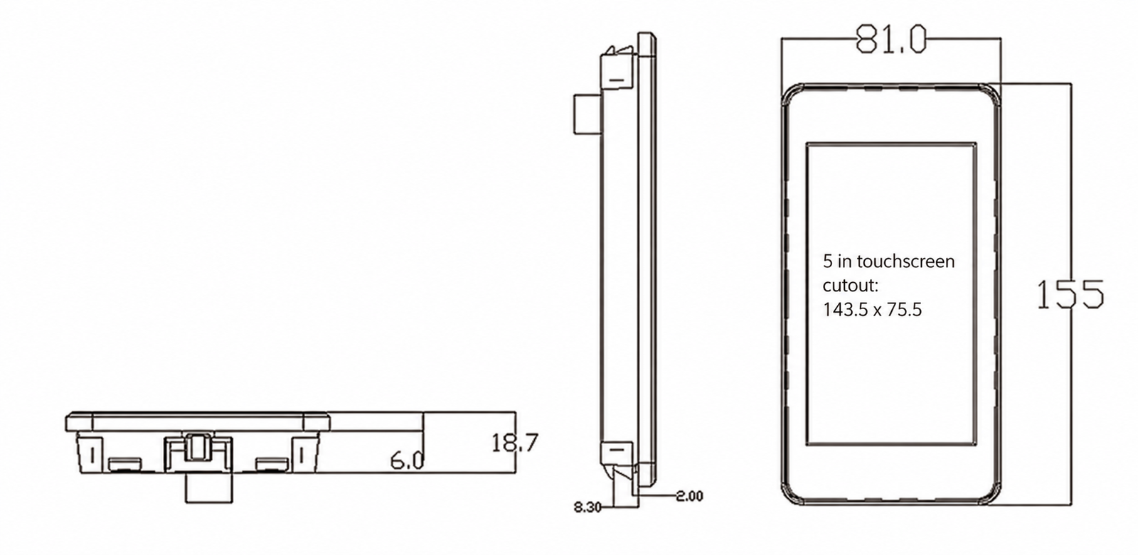 FHM-5T fume hood airflow monitor dimensions with 143.5 by 75.5 mm panel cutout