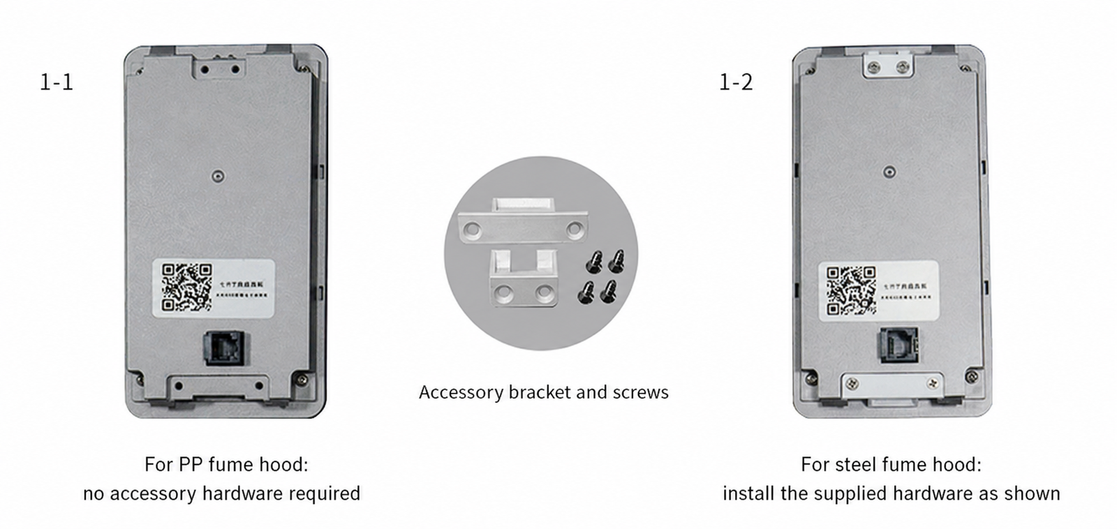FHM-5T fume hood airflow monitor mounting arrangements for PP and steel fume hood panels