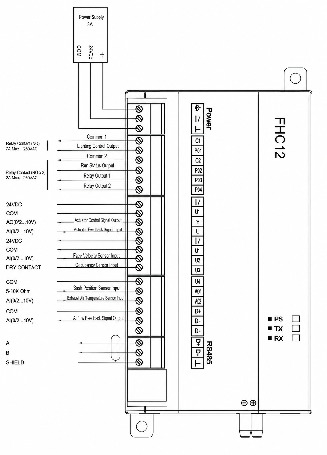 Fume hood controller wiring for external actuator sensors relays and Modbus
