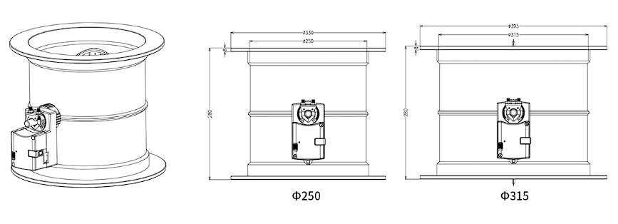 Fume hood VAV damper DN250 and DN315 dimensions with integrated controller actuator