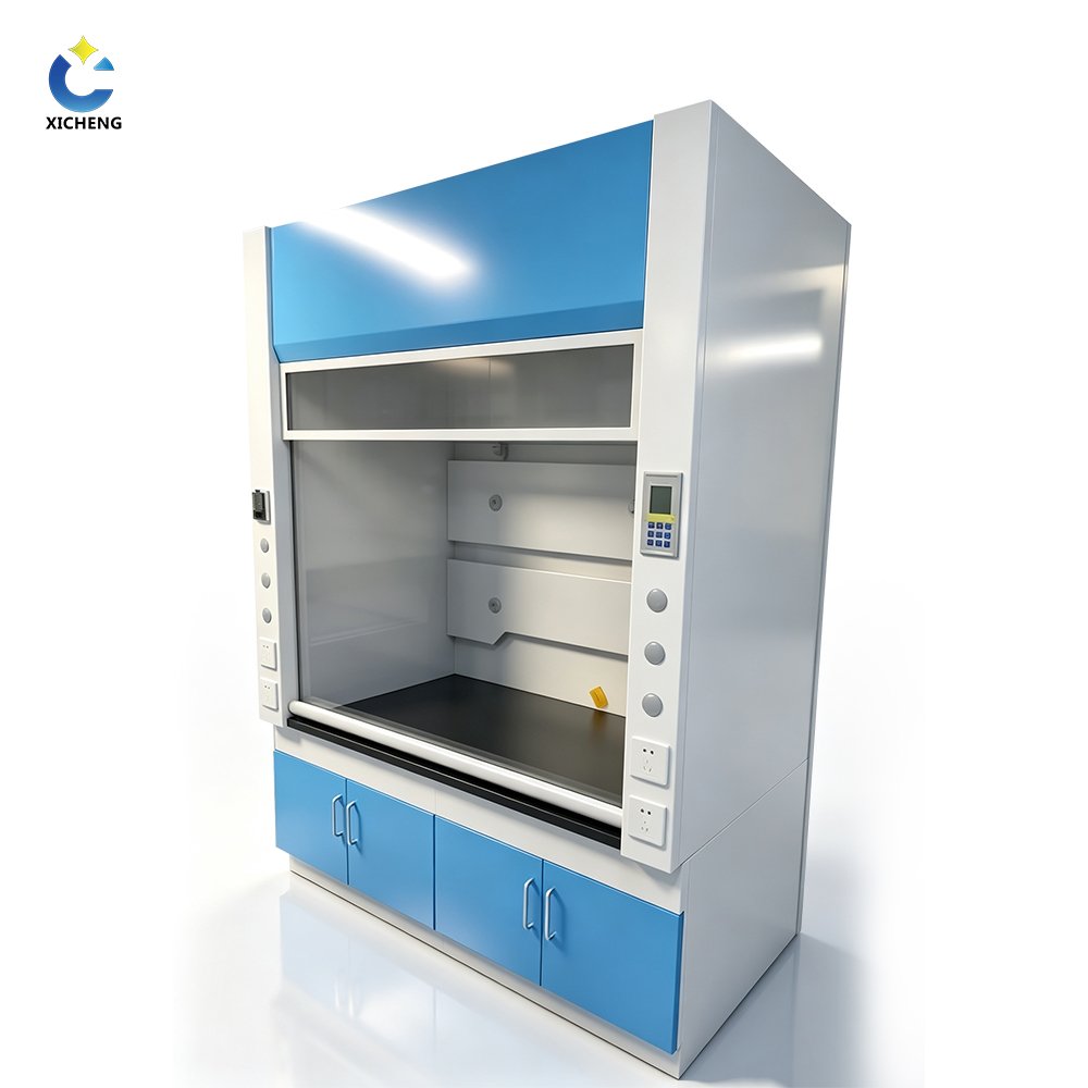 Fiberglass fume hood with blue base cabinet and control panel