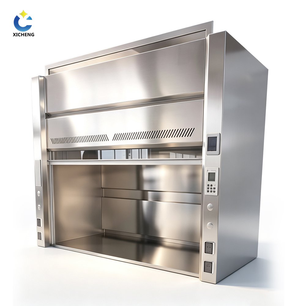 Stainless steel laboratory fume hood with sash, controls, and electrical outlets