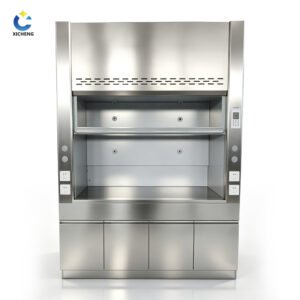 Stainless steel fume hood front view with base cabinet and vertical sash