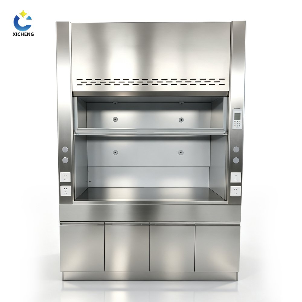 Stainless steel fume hood front view with base cabinet and vertical sash
