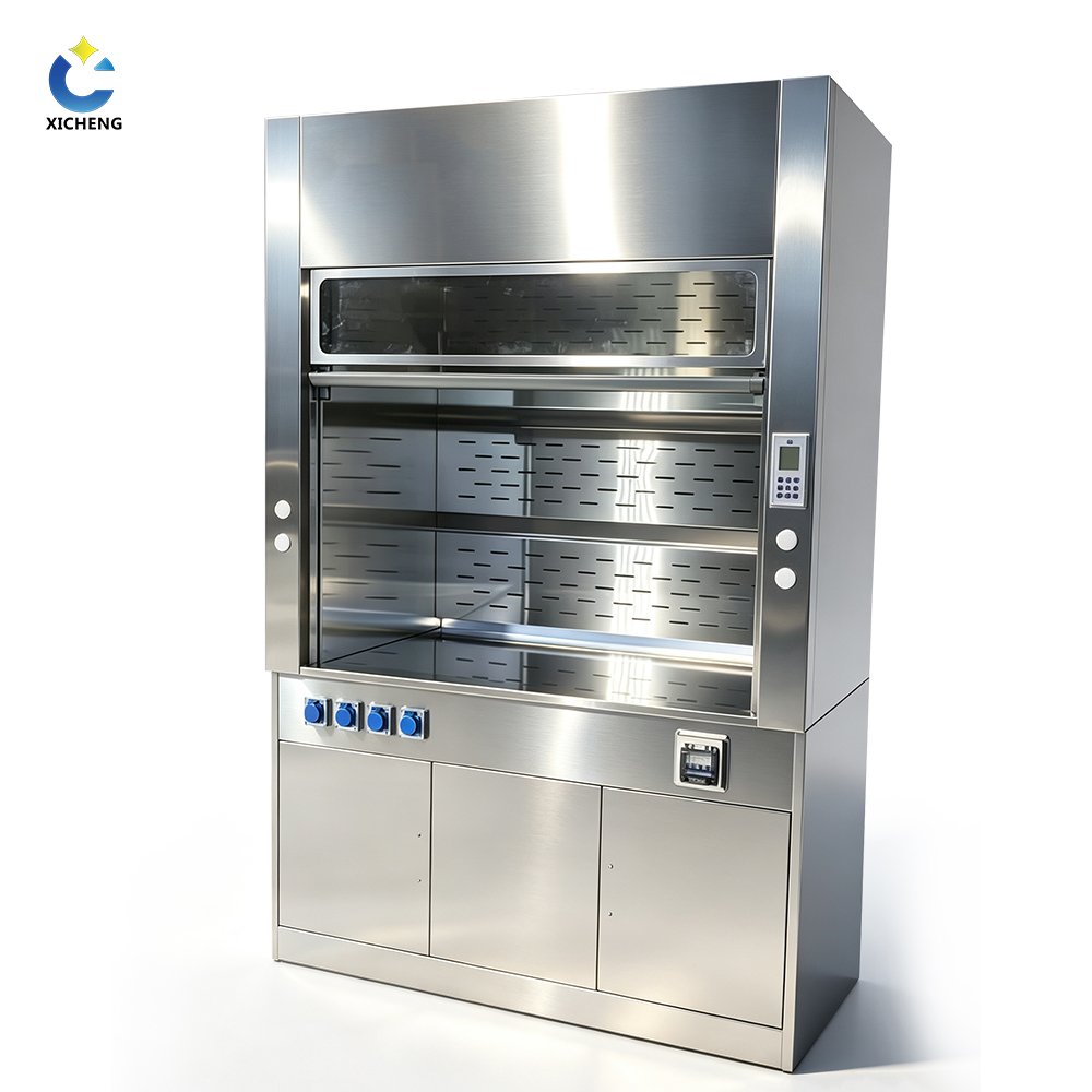 Stainless steel laboratory fume hood with utility fittings and base cabinet