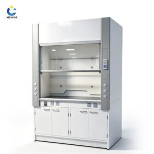 FRP laboratory fume hood with vertical sash and base cabinet