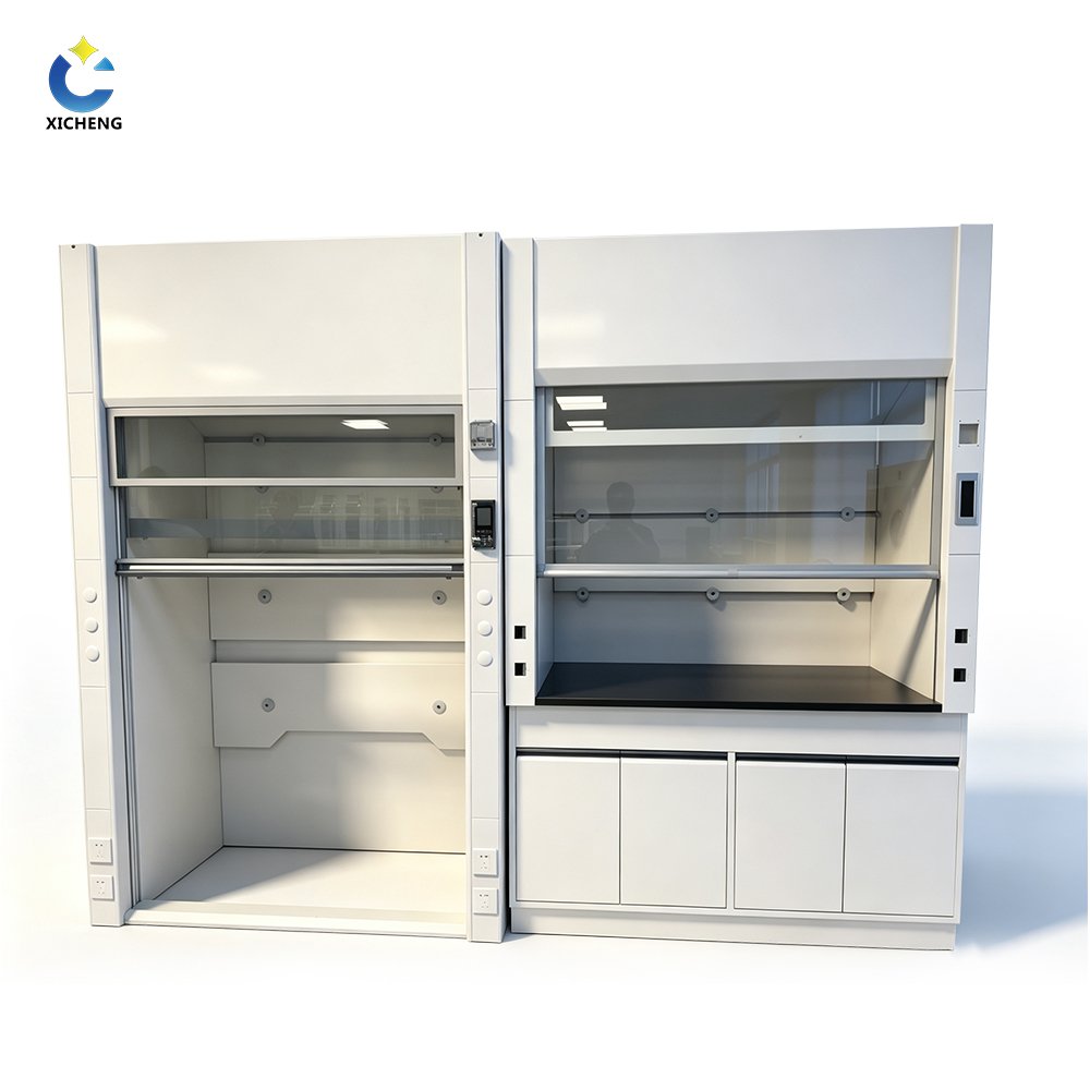 Two fiberglass laboratory fume hood configurations for chemical ventilation