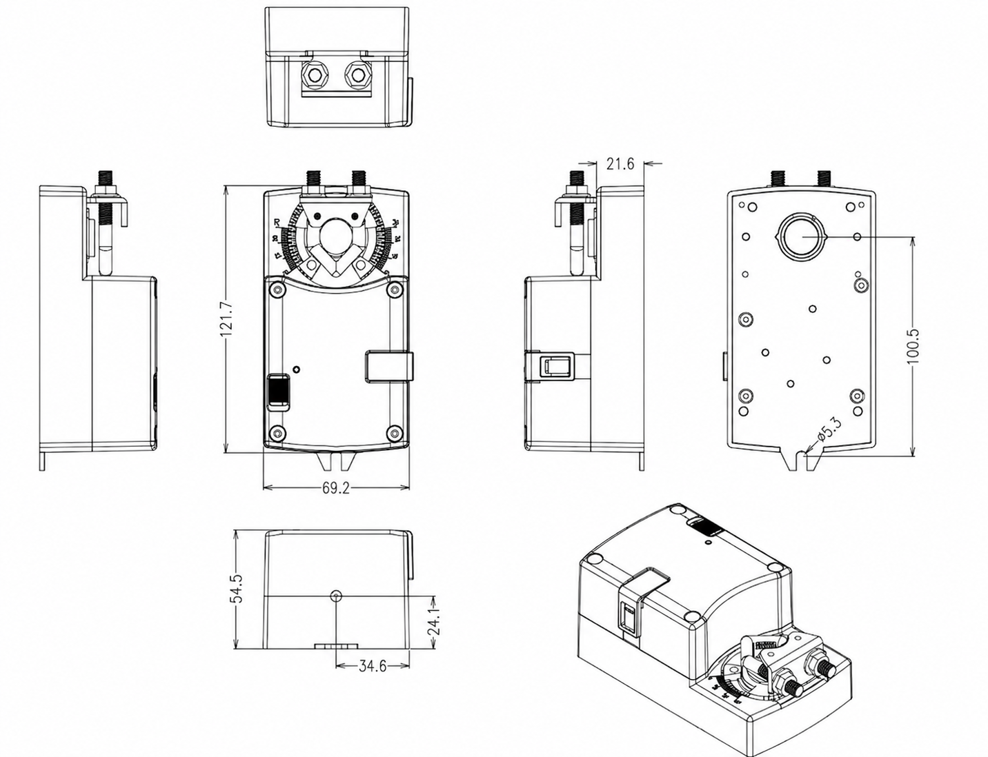 Modulating air damper actuator dimensions and direct-coupled shaft mounting views