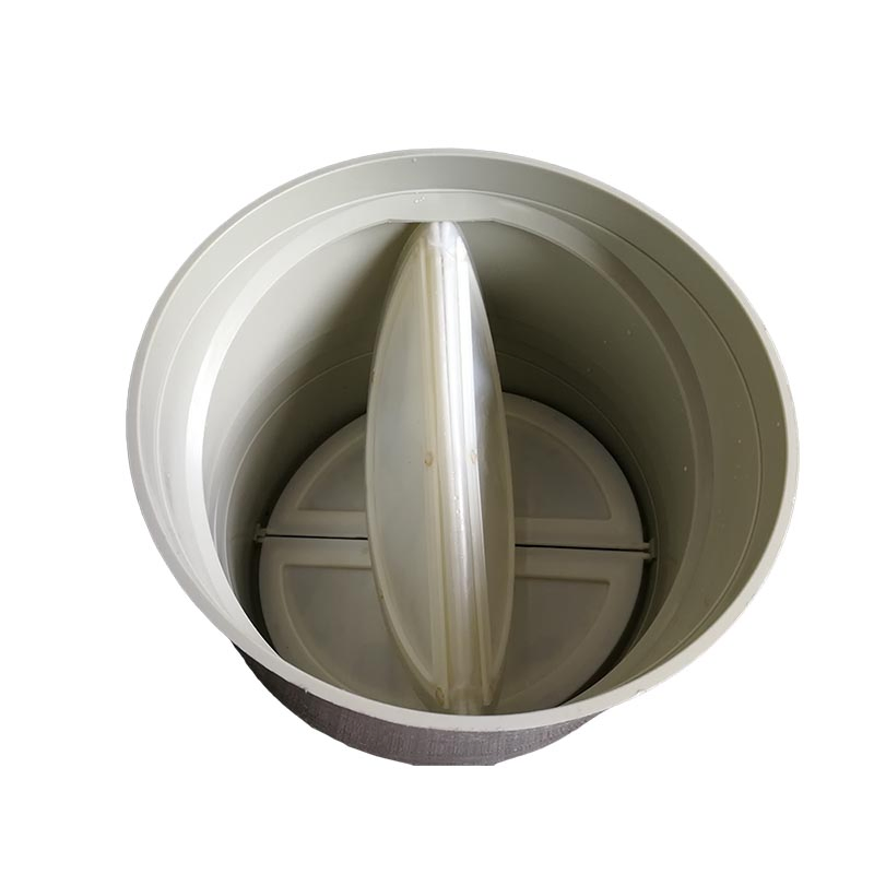 PP/PVC backdraft damper showing the internal inclined blade arrangement
