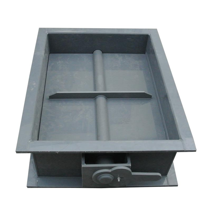 PP rectangular duct damper showing the internal blade, shaft and manual handle