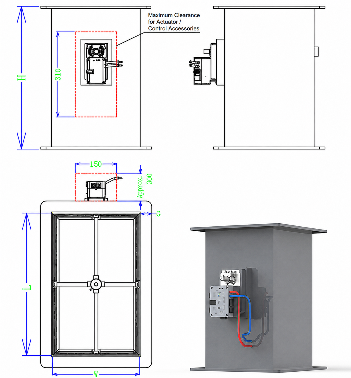 PP rectangular VAV damper dimensions and actuator clearance