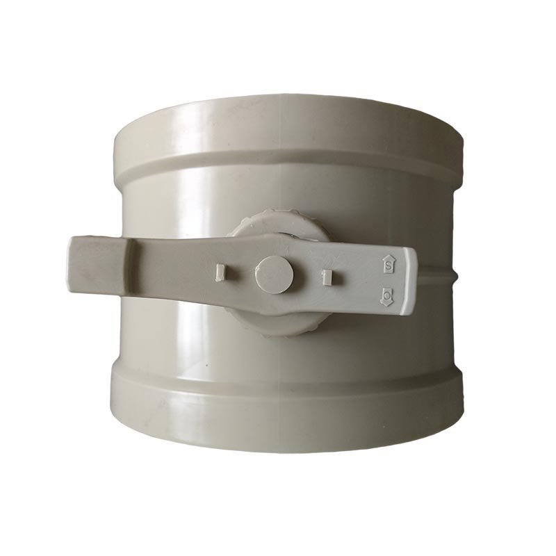 Side view of PP round volume control damper showing the manual blade-position handle