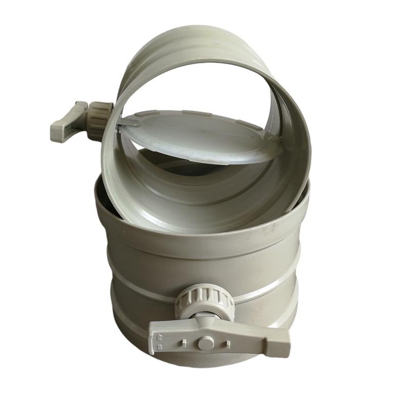 Cutaway view of PP round volume control damper showing the internal butterfly blade in an open position