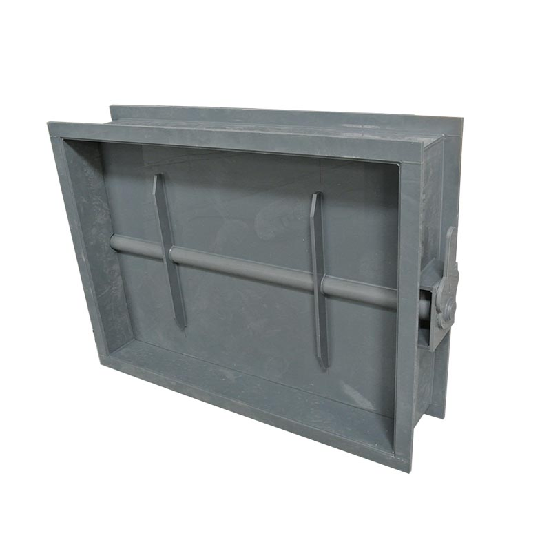 Rear view of a rectangular PP manual damper showing the fabricated blade and shaft