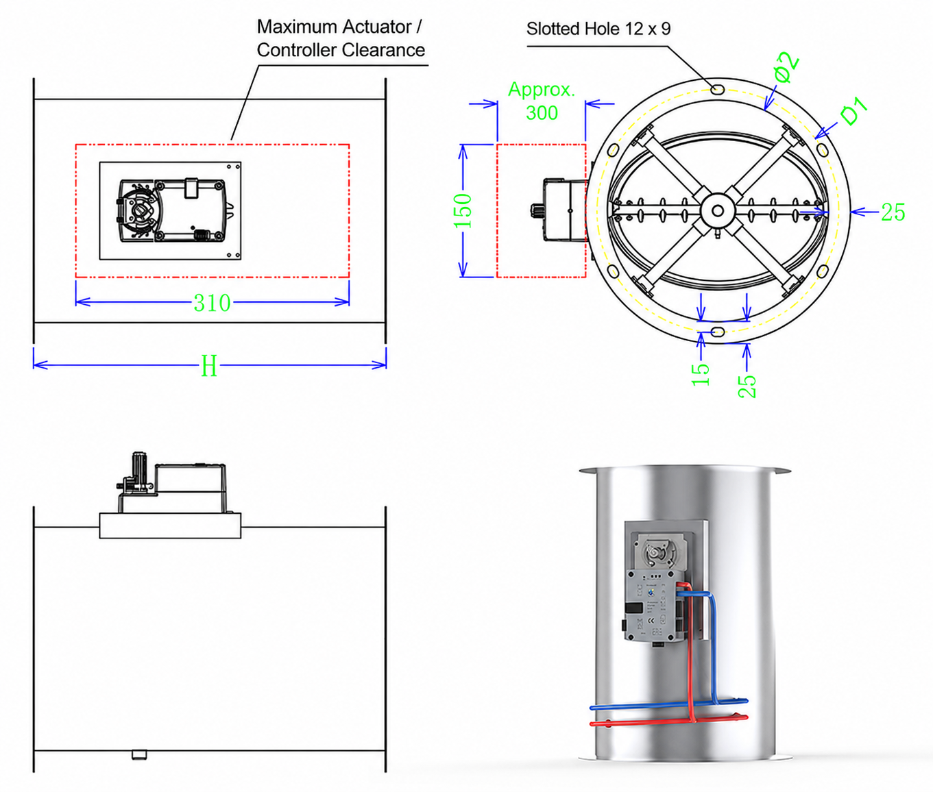 Round VAV butterfly damper flange dimensions and actuator clearance