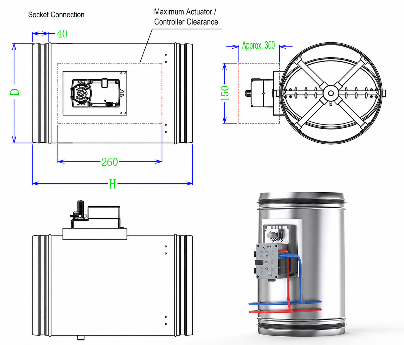 Round VAV damper socket connection dimensions and actuator clearance
