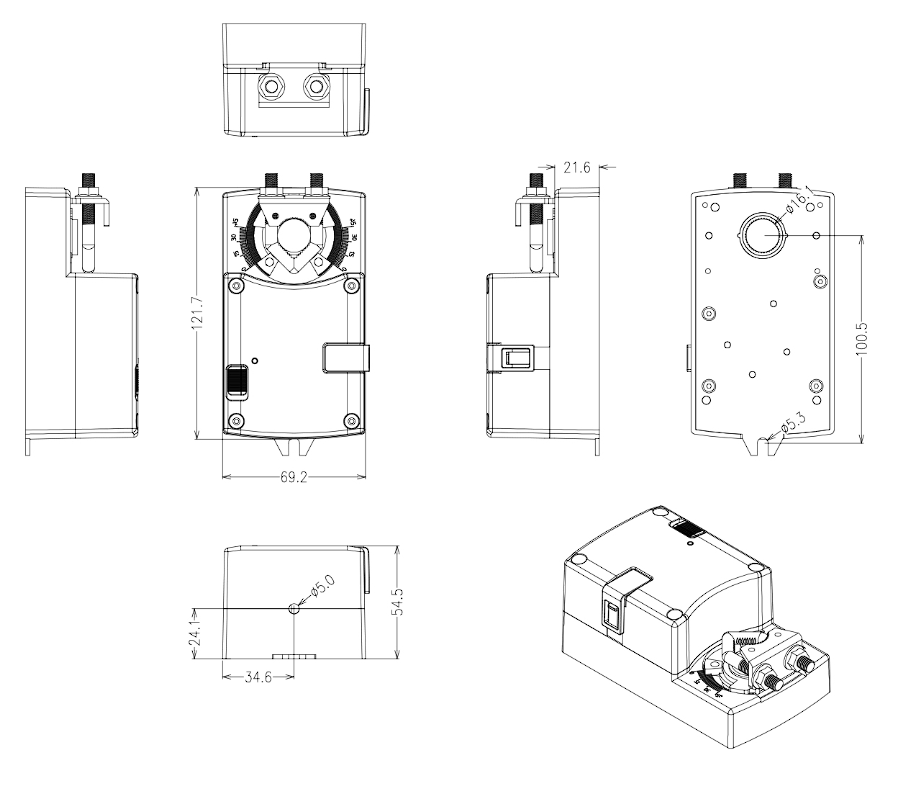 Spring return air damper actuator dimensions and shaft interface