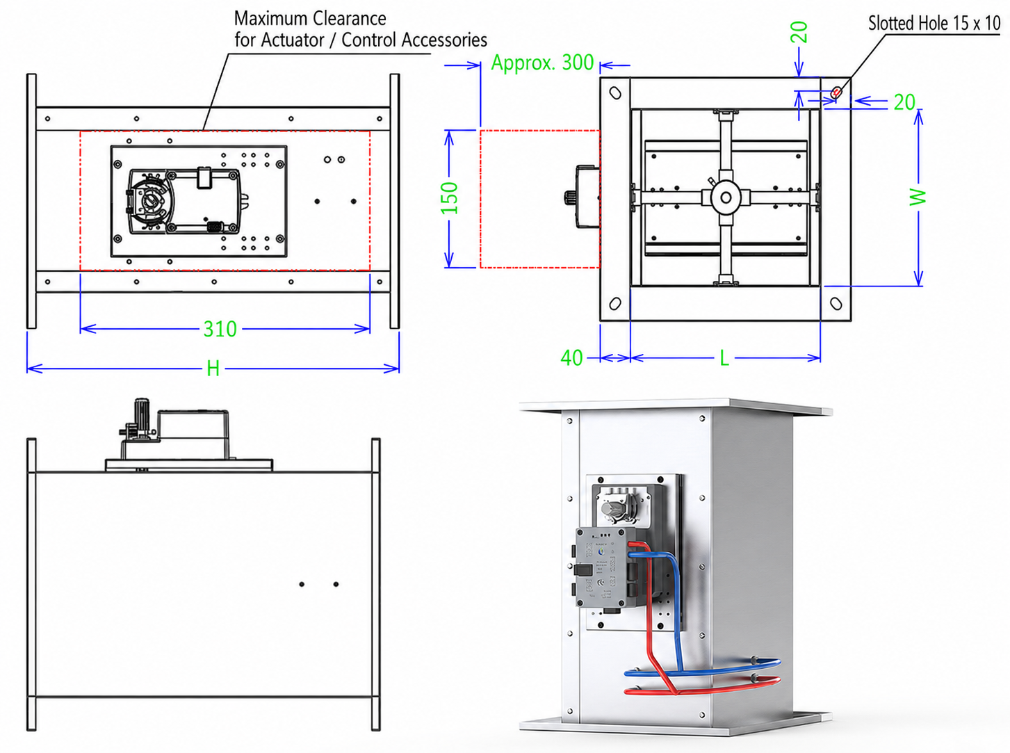 Stainless steel rectangular VAV damper dimensions and actuator clearance