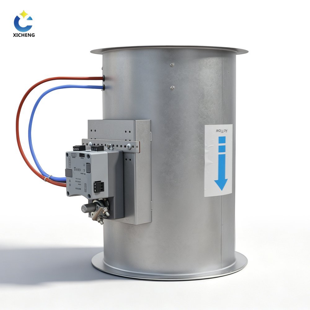 Side view of stainless steel VAV butterfly damper with actuator and airflow direction label