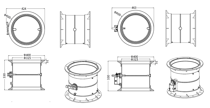 Transparent acrylic air damper 315 mm manual and electric dimensions