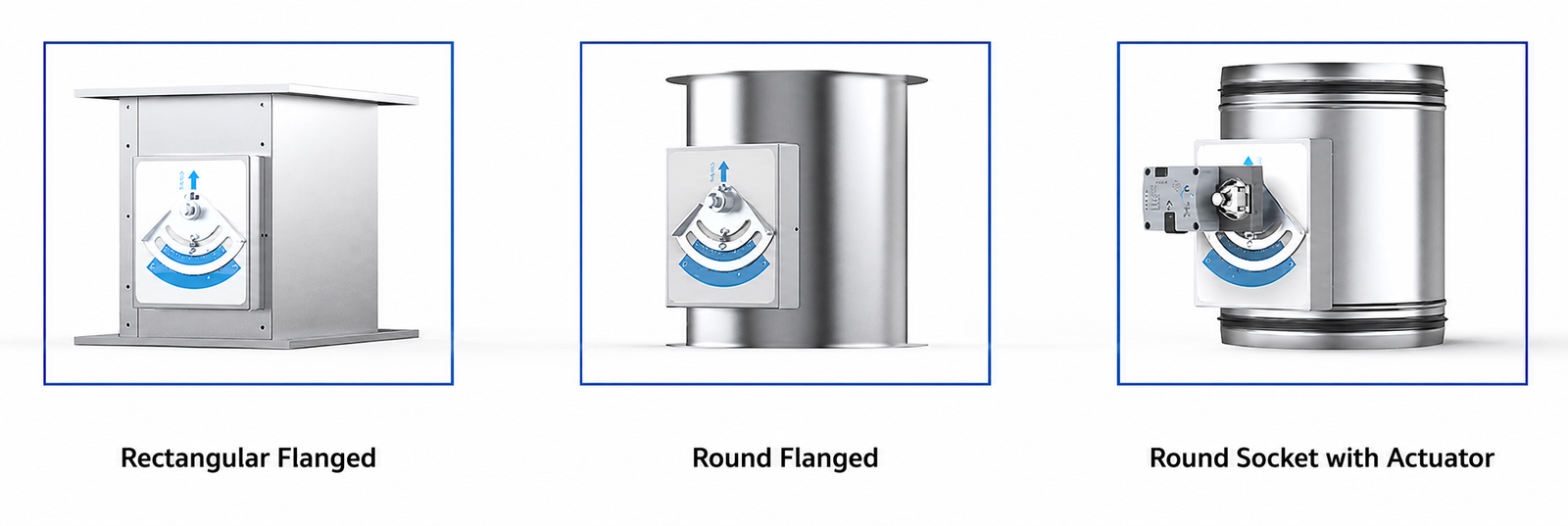 Rectangular flanged, round flanged and round socket CAV damper options