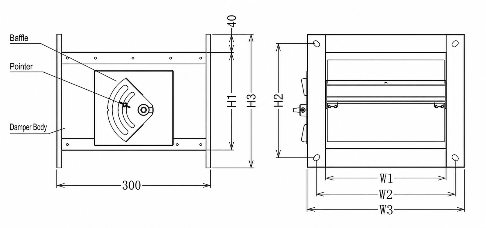 Rectangular two-position constant air volume damper dimension drawing