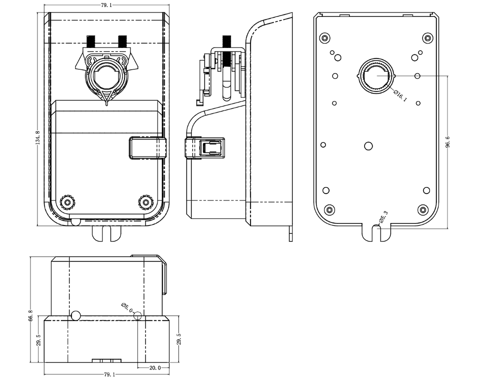 Two-position air damper actuator dimensions for the 10 to 20 Nm housing