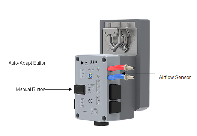 Fume hood controller auto-adapt button manual button and airflow sensor