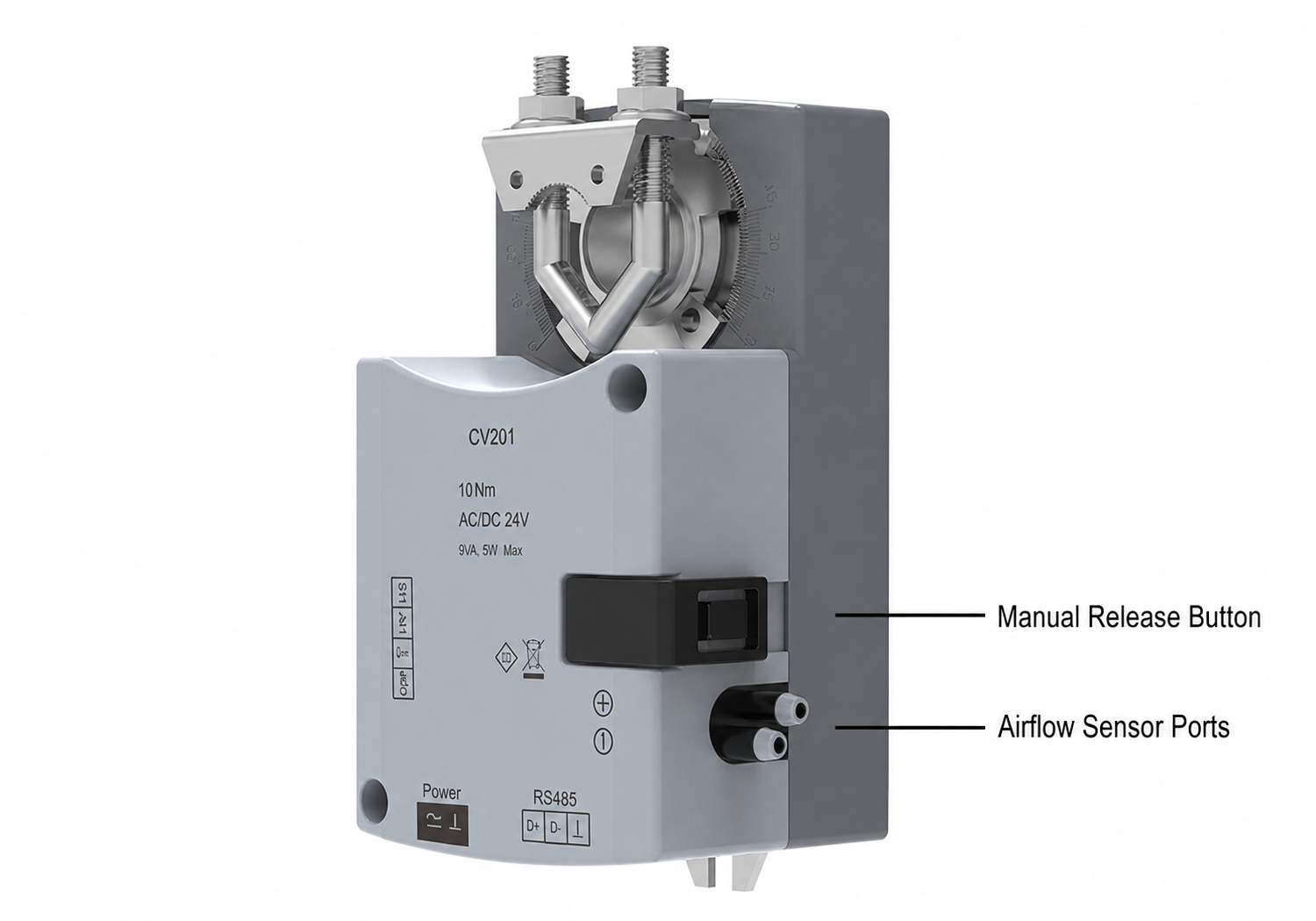 VAV controller manual release button and airflow sensor ports
