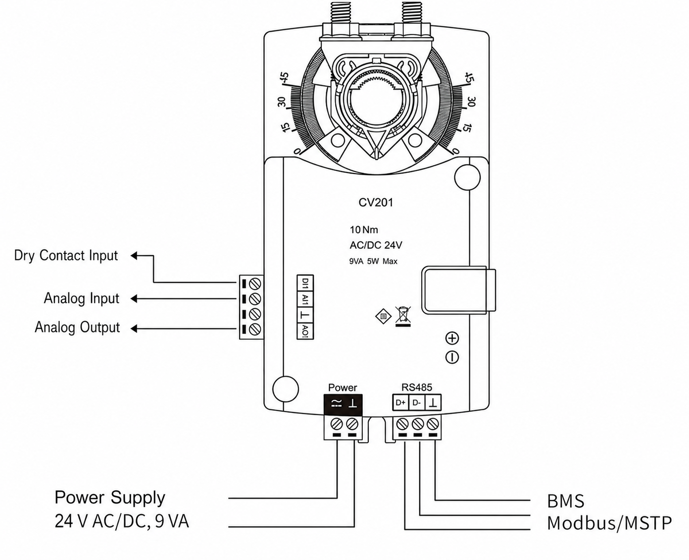 VAV controller analog input output dry contact and RS-485 wiring