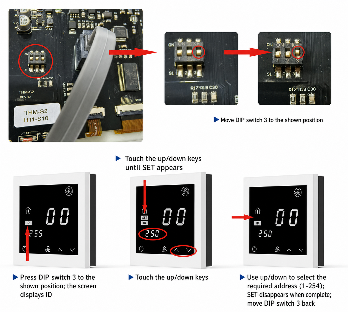 XICHENG airflow and pressure display panel DIP switch address setting procedure from 1 to 254