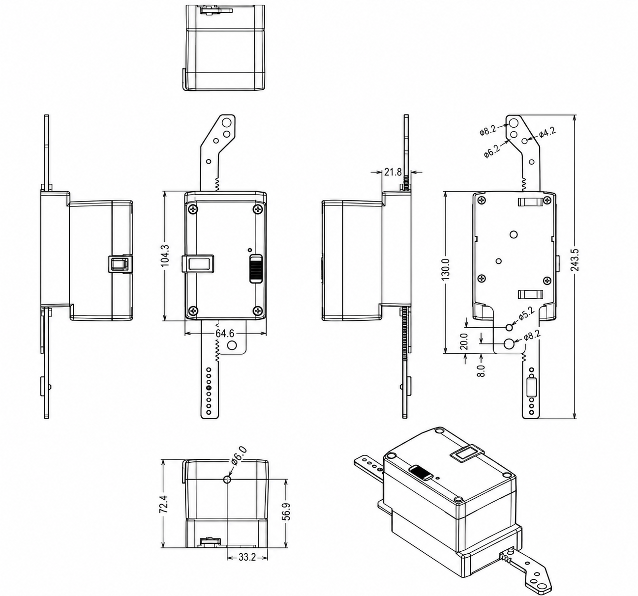 Linear air damper actuator dimensions, mounting holes and adjustable linkage arms