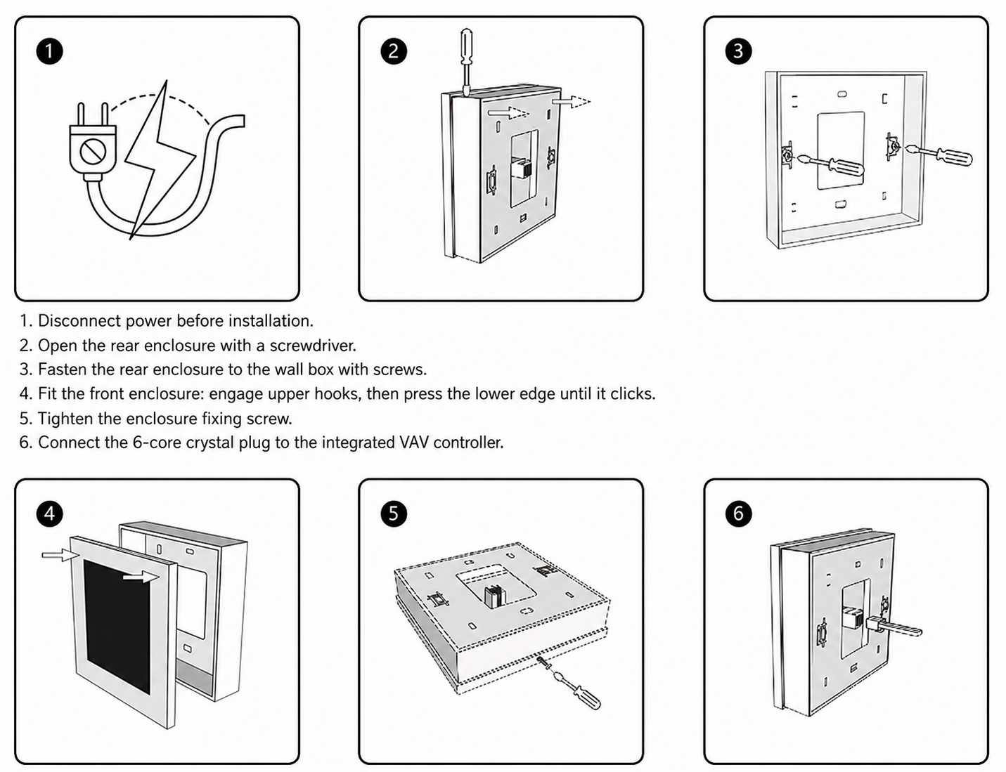 THM-S2 room temperature control panel wall box installation and 6 core plug connection to integrated VAV controller