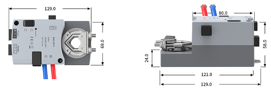 BAC001 single-duct VAV controller reference dimensions and actuator mounting profile