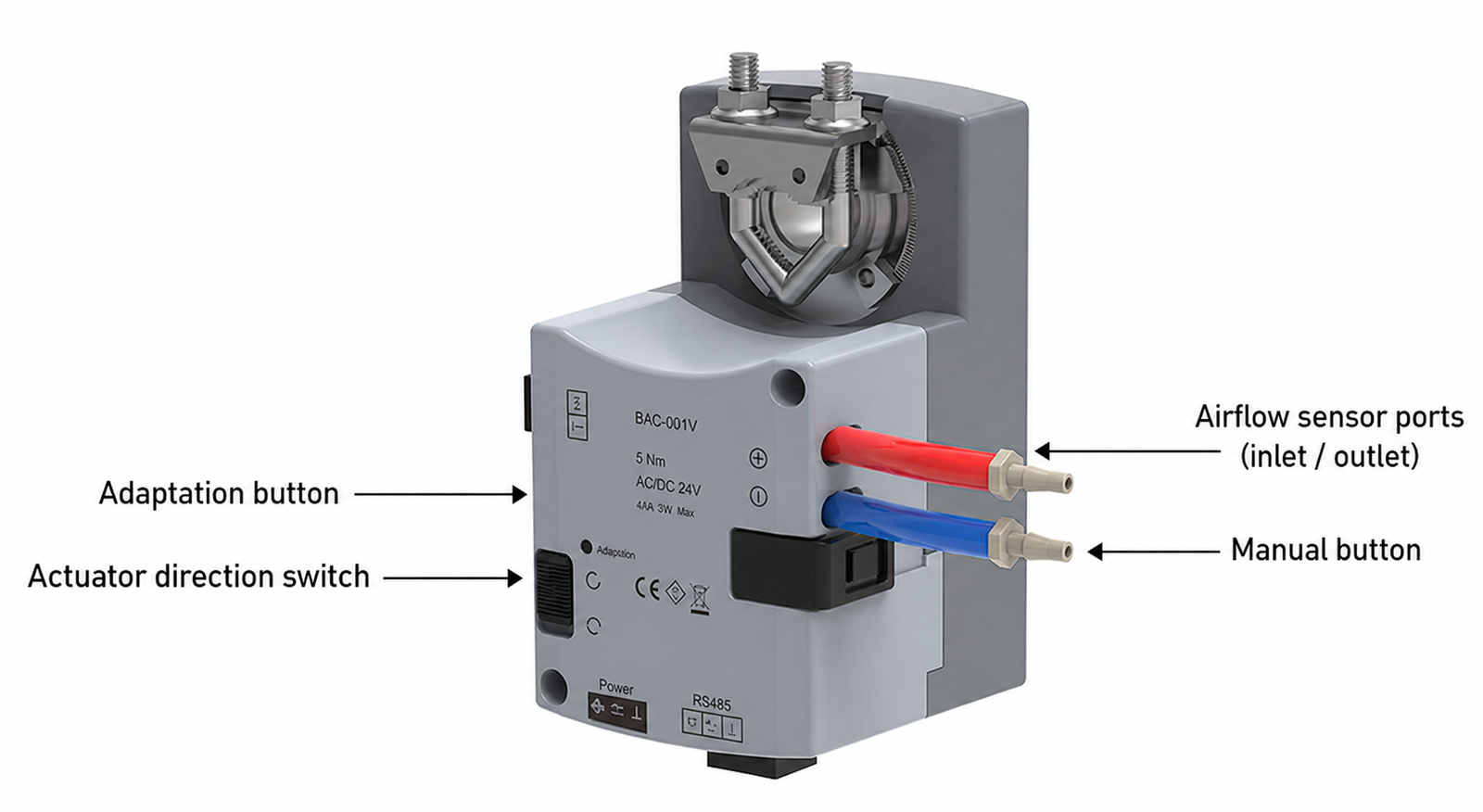 BAC001 VAV controller adaptation button actuator direction switch manual button and airflow sensor ports